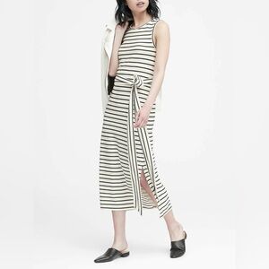 Banana Republic Striped Midi Dress Tie Waist Side Slit Size M Striped Tie Belt